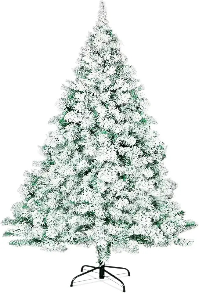 6 FT Christmas Tree Snow Flocked Artificial, Full Xmas Tree with 800 Automatically Expanding Branch Tips, Foldable Metal Stand and Hinged Branches, Holiday Decoration for Home, Party, Green