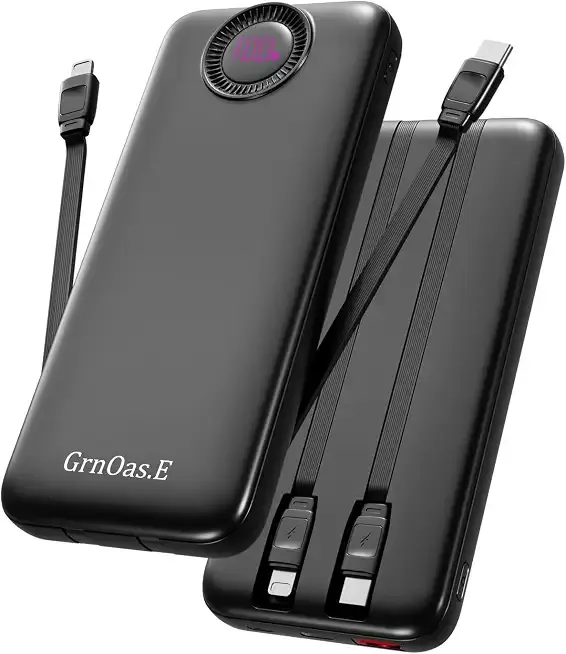 Portable Charger 10000mAh 22.5W Fast Power Bank with Built-in 2 Cables | 4 Outputs 2 Inputs, 5V/3A Fast Charging, Universal Travel Charging Powerbank for iPhone, Android, iPad. Pearl Black
