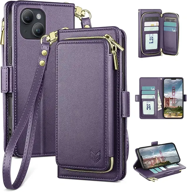 DJBEAR for iPhone 13 6.1" Wallet Case for Men & Women, All-in-One Flip Folio Cover with 9 Card Slots, Zipper Pocket, Detachable Wrist Strap, Full Body Protection for Apple 13 Dark Purple