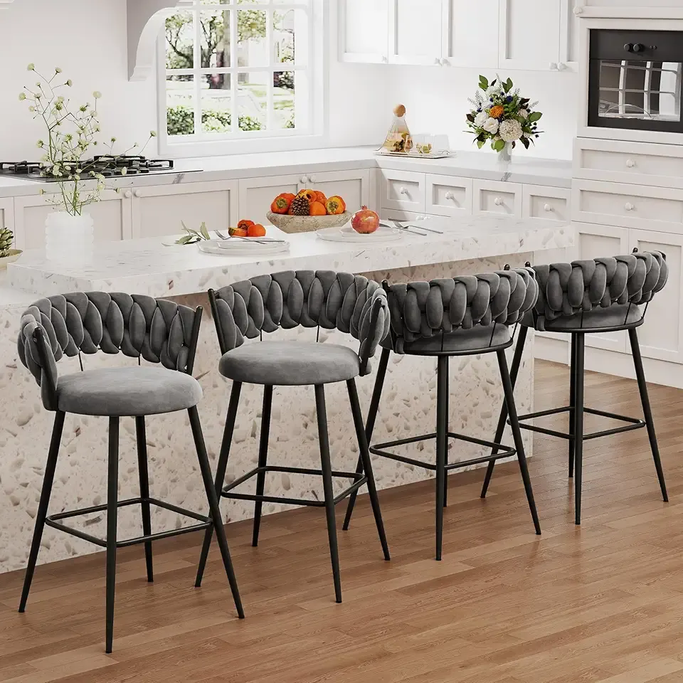HAOBO Home 30" Metal Bar Stools Counter Height Barstools Set of 4 Modern Bar Chairs with Woven Back (Light Grey)