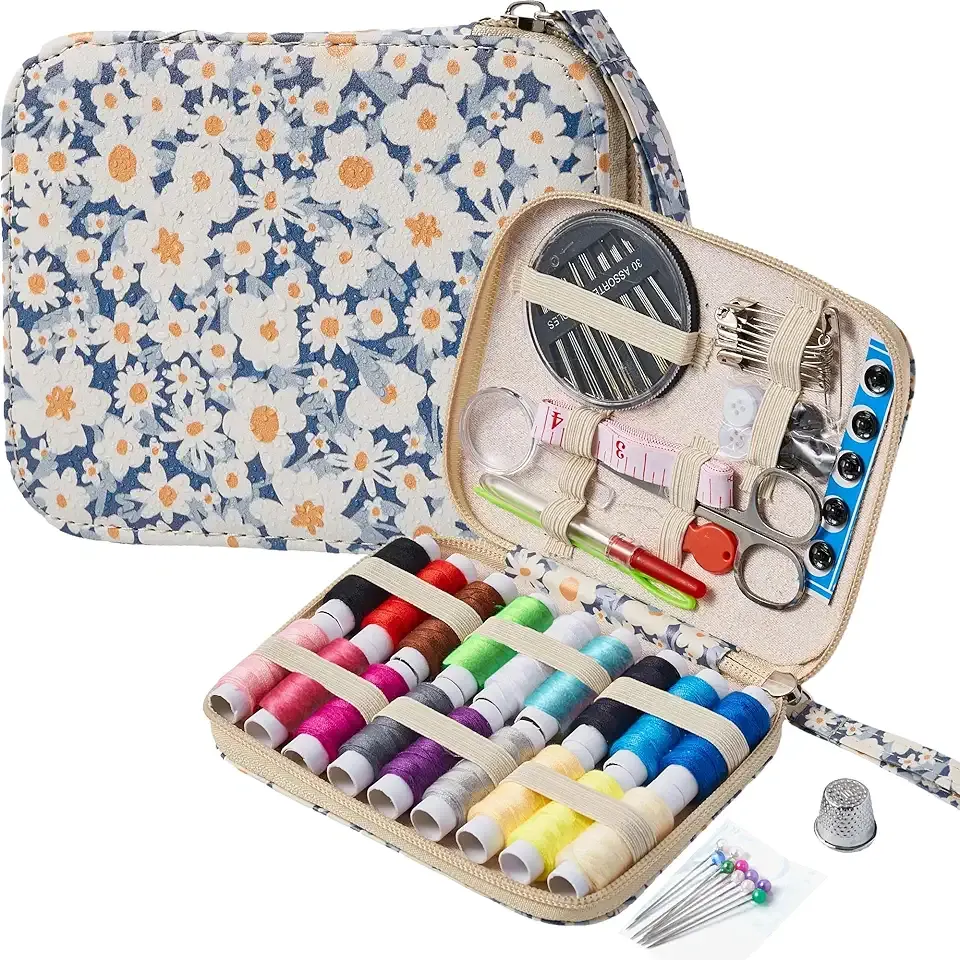 Daisy Sewing Kit Printing Sewing Kit,Professional Sewing Supplies for Adults, Zipper Sewing Needles Set, 87 PCS Travel Sewing Accessory for Emergency, Home