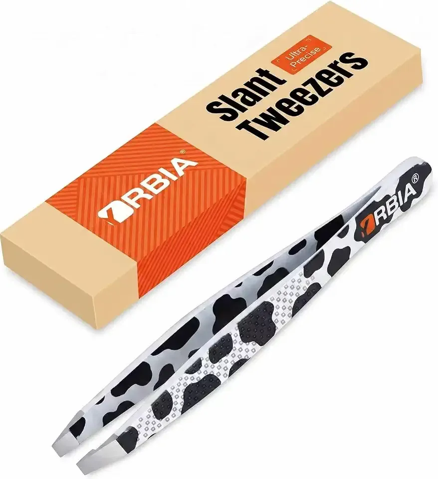 Artisan Cow Print Slant Tweezers, Wide Precision Tips, Non-Slip Grip