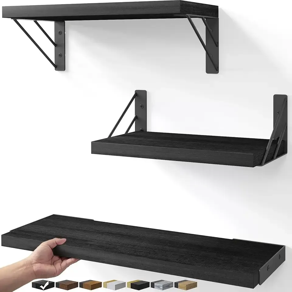 BAYKA Wall Mounted Floating Shelves, Wood Floating Wall Shelf for Books & Decor, Small Space-Saving Display & Organizer(Black,Set of 3)
