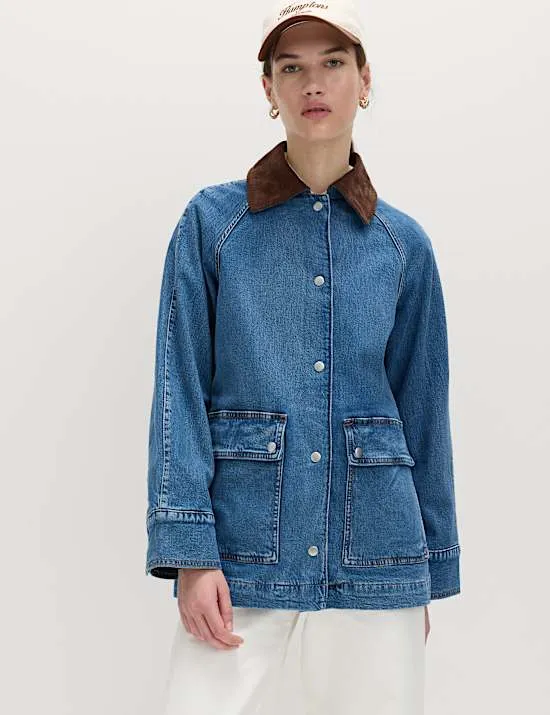 Lyocell Blend Denim Collared Barn Jacket