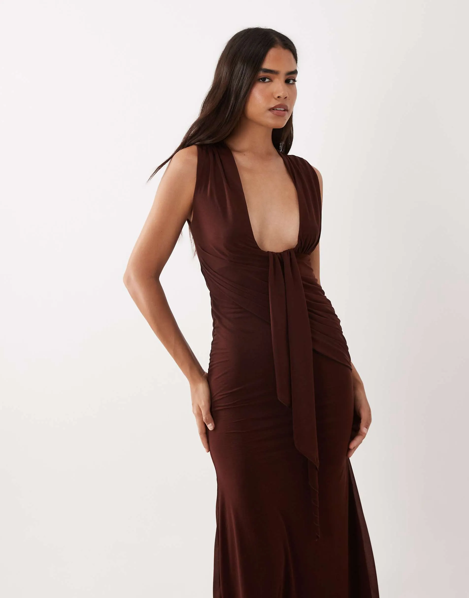 ASOS DESIGN stretch chiffon scarf detail plunge draped maxi dress in chocolate