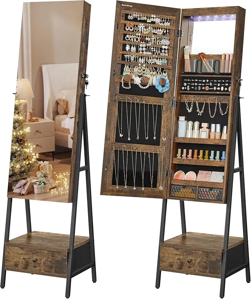 SONGMICS LED Cabinet Standing, Lockable Jewelry Armoire with Full-Length Mirror, Space-Saving Jewelry Organizer with Mirror, Bottom Drawer, Gift Idea, Christmas Gifts, Rustic Brown UJJC025X01