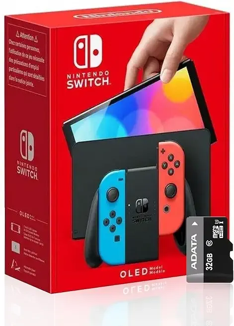 Nintendo Switch (OLED model) with Neon Blue and Neon Red Joy-Con and Extra 32GB Micro SD Card - Global Version