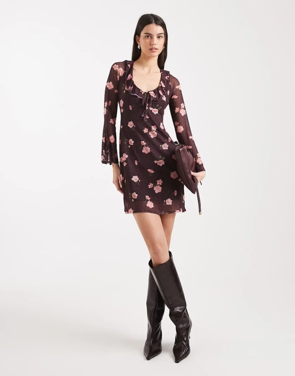 New Look floral mesh long sleeve mini dress in burgundy