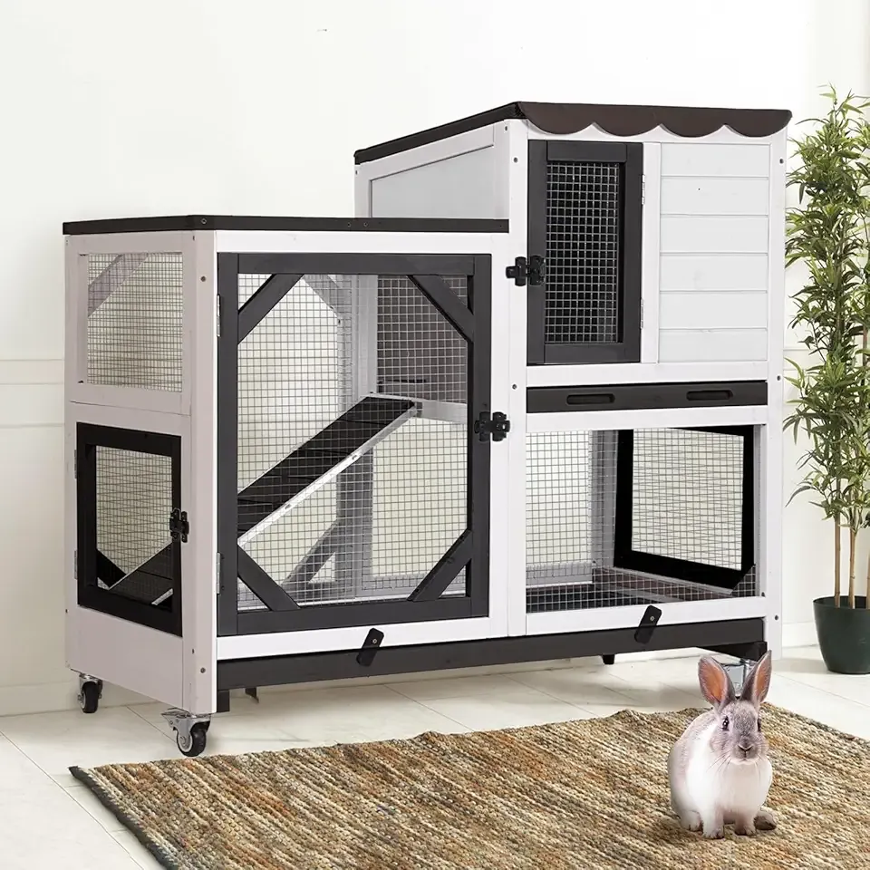 Gutinneen 2-Story Rabbit Hutch Bunny cage Wooden Rabbit Cage Indoor/Outdoor with Chew-Proof Ramp, 2 Leak-Proof Pull-Out Trays, Lockable Wheels for Rabbits, Guinea Pigs, Small Animals (Black and White)