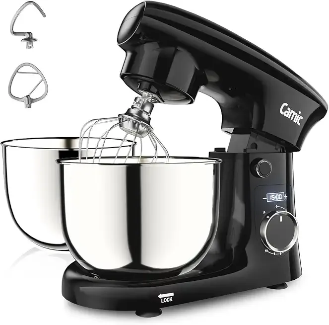Camic Stand Mixer, 4.2QT+5.3QT Two bowls Electric Food Mixer, 10 Speeds with Digital setting 3-IN-1 Kitchen Mixer for Baking Cakes Cookie Bread Salad with Egg Whisk,Dough Hook,Flat Beater (Black)