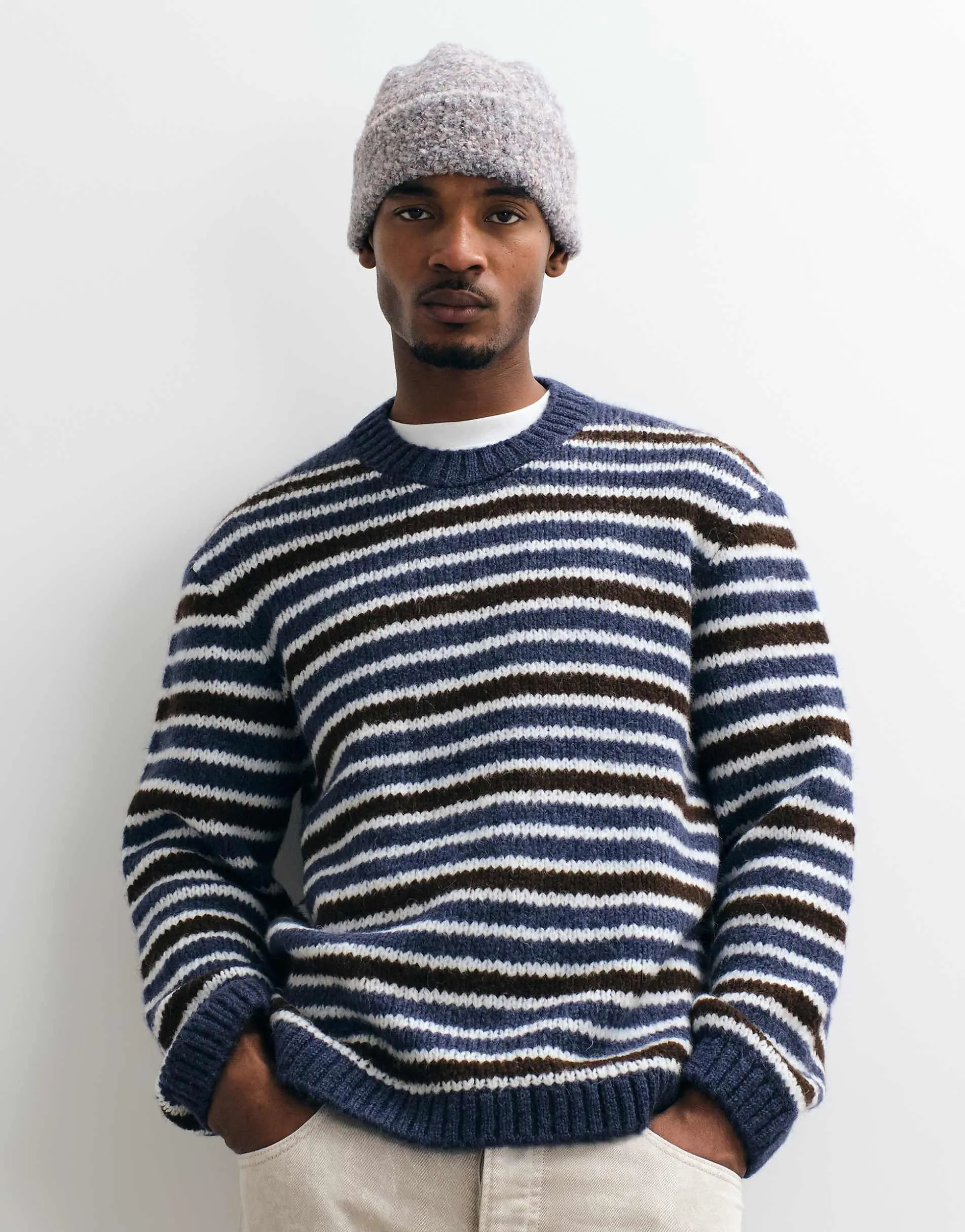 Jack & Jones oversized knit jumper in blue and brown stripe