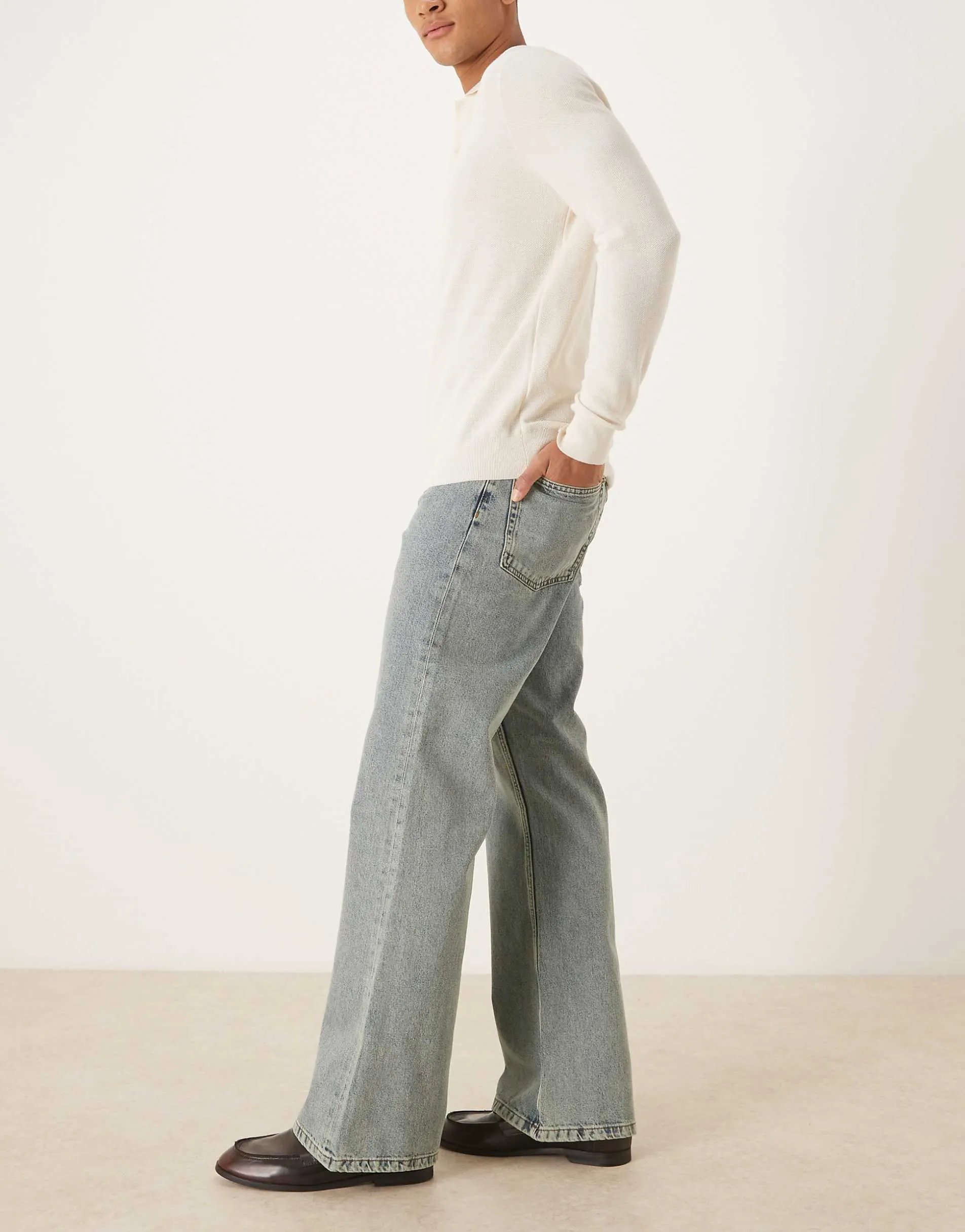 ASOS DESIGN wide flared jeans in mid wash blue