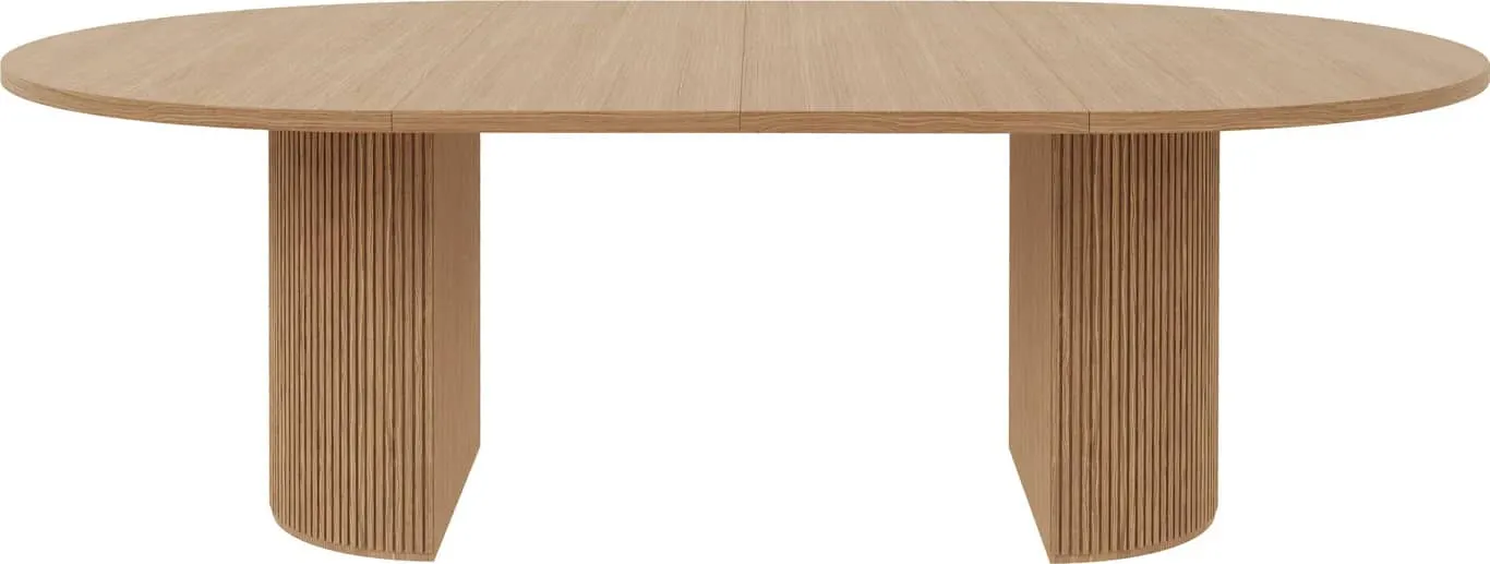 Linea spisebord rundt Ø 138 cm m/uttrekk for opptil 4 plater, lys naturoljet, spilesokkel