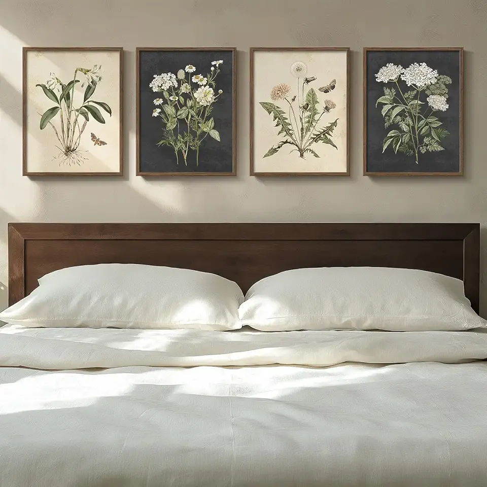 Framed Vintage Botanical Wall Art Bedroom, 4 Piece Rustic Farmhouse Floral Canvas Prints Artwork, Neutral Flower Butterfly Pictures for Modern Farmhouse Living Room Kitchen Bathroom Wall Decor, 11x14