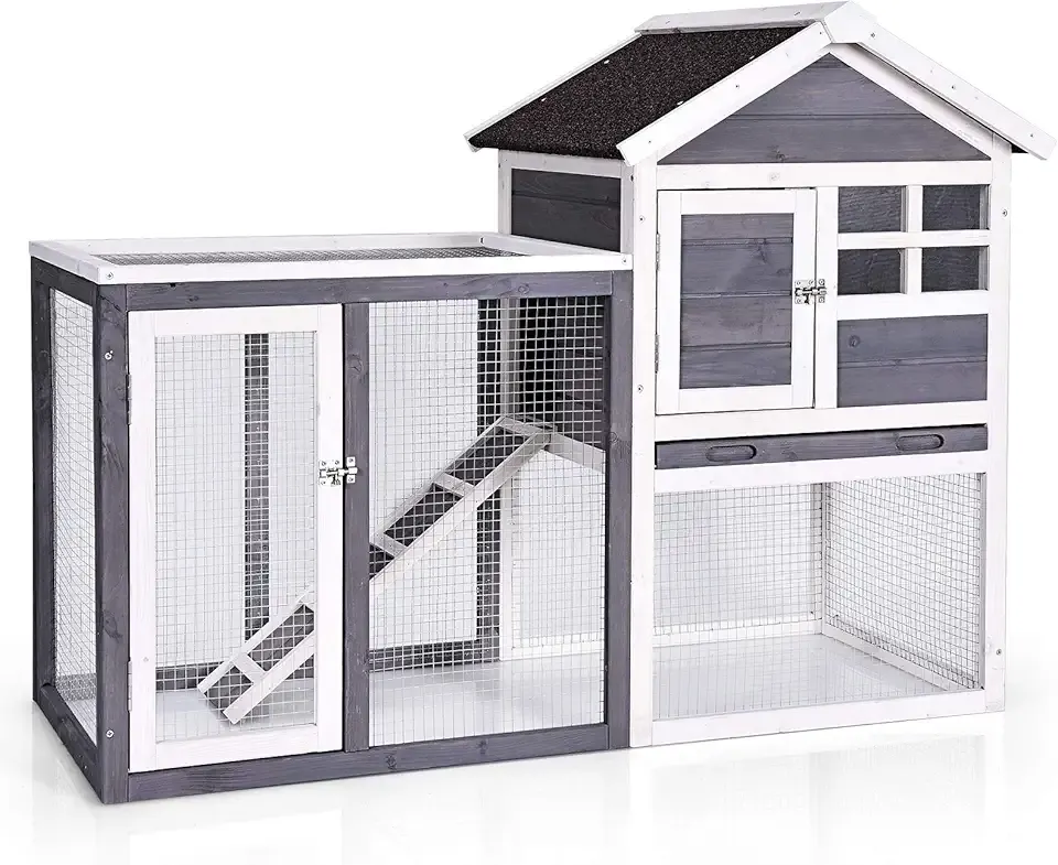 Tangkula Rabbit Hutch, Indoor Outdoor Bunny Cage with Run, Wooden Rabbit Cage with Waterproof Roof & Pull Out Tray, Chicken Coop Pet House for Rabbits, Chicken and Guinea Pigs (Gray)
