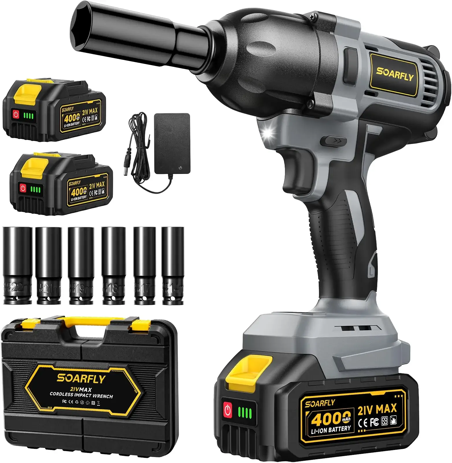SOARFLY 1/2" Cordless Impact Wrench, 738 Ft-lbs (1000 N.m) High Torque 21V Brushless Electric Impact Gun with 2x 4.0Ah Batteries, Impact Driver with LED Light, 6 Sockets for Home Car/Mower/Truck RV