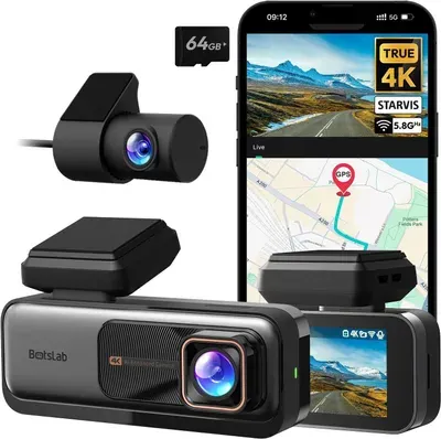 BOTSLAB Dashcam Auto Vorne Hinten, 4K Dashcamera Auto Dashkamera GPS WiFi, Dual Autokamera 64GB SD Karte, ADAS, Nachtsicht, 170°Weitwinkel, WDR, 2,45"