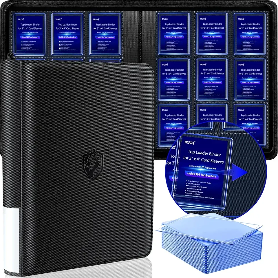 Toploader Binder Holds 324 Toploaders - 20 Toploaders|Waterproof PU Leather + Anti-Yellowing PP Inserts | Ridge Tab Sorting Portable top loader binder for cards(For Sports/Game Cards)