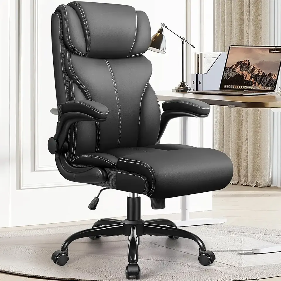 Office Chair, Ergonomic Big and Tall Computer Desk Chairs, Executive Breathable Leather Chair with Adjustable Flip-up Armrests, Lumbar Support Swivel PC Chair with Rocking Function
