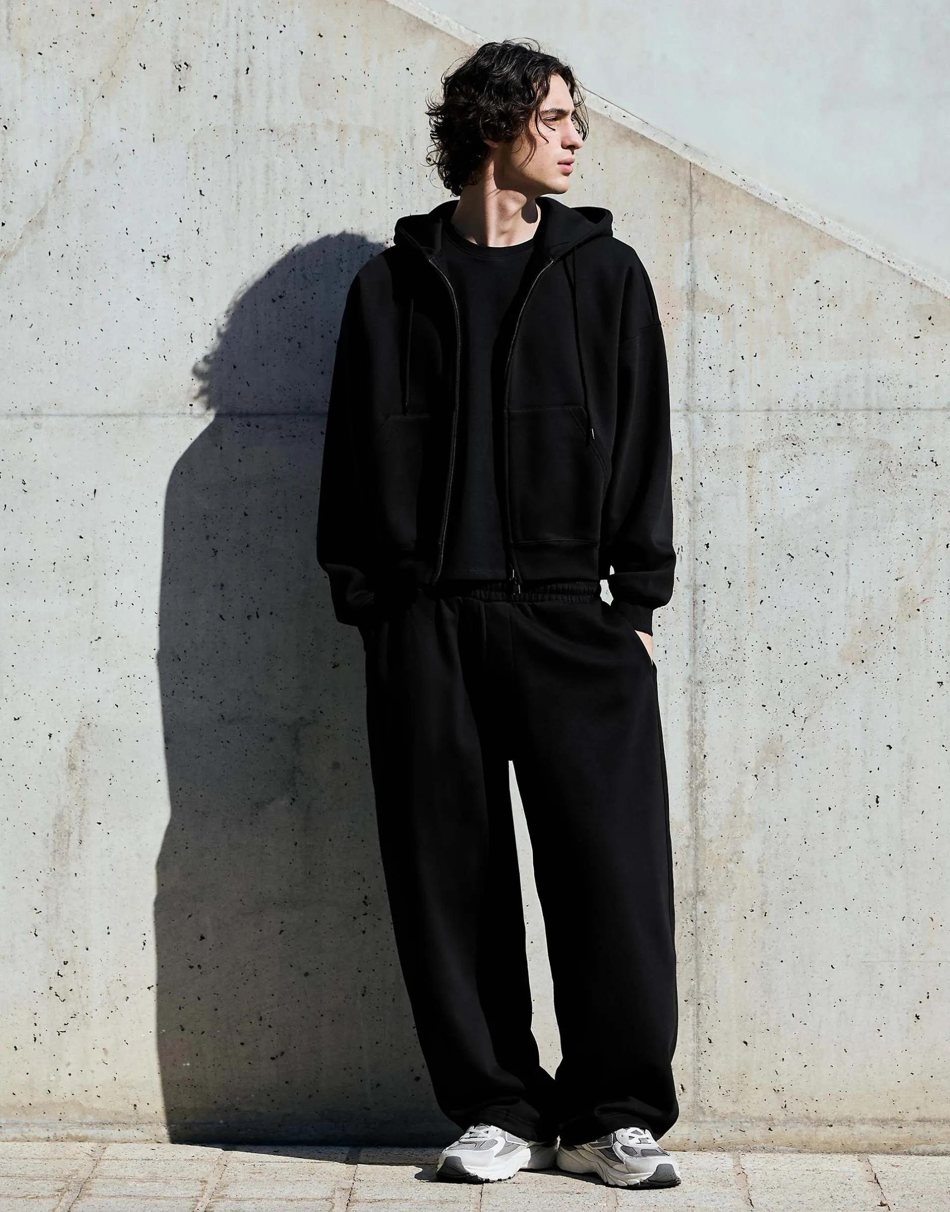 Bershka Boxy zip-up hoodie in black