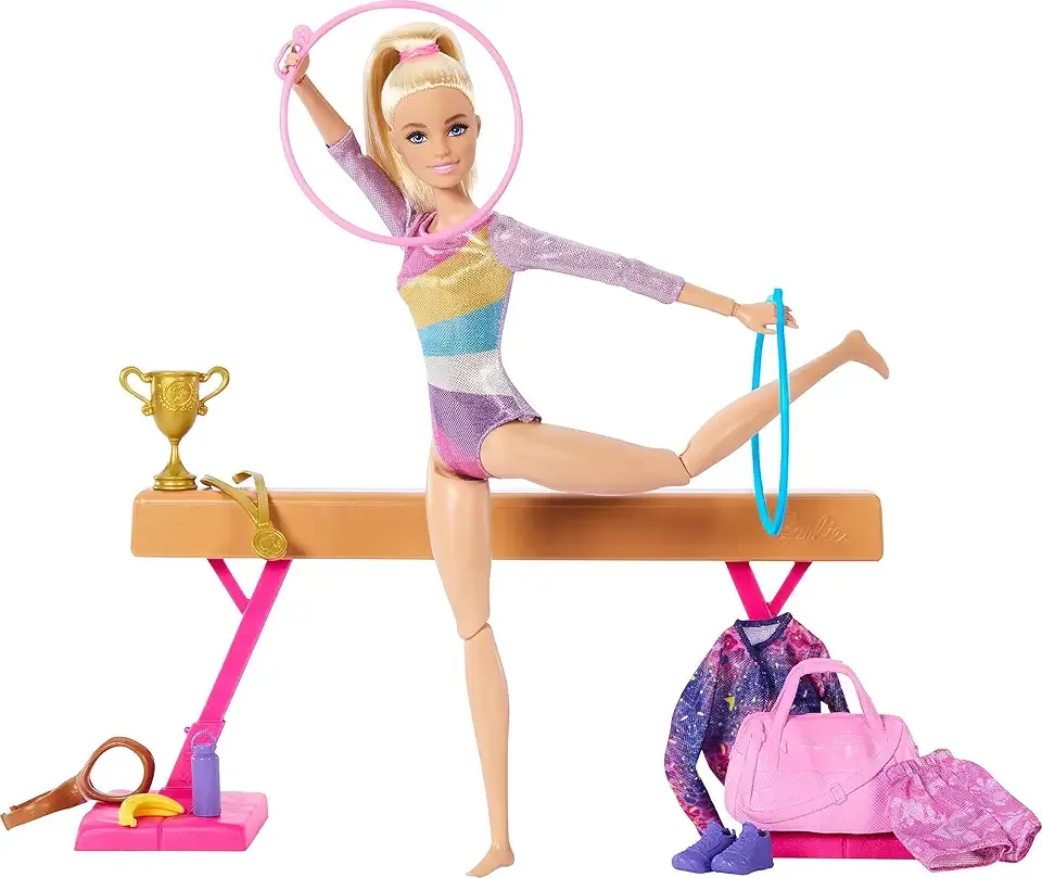 Gymnastics Doll & Accessories, Playset with Blonde Fashion Doll, C-Clip for Flipping Action, Balance Beam, Warm-Up Suit & More