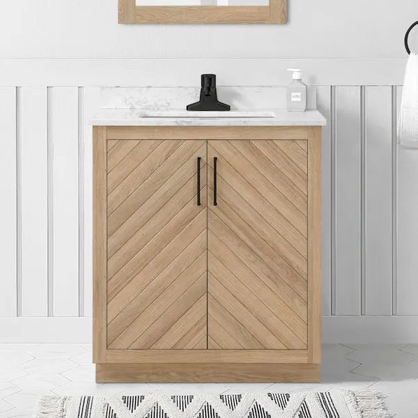 Glacier Bay Huckleberry 30 in.​ Single Sink Freestanding Weathered Tan Bath Vanity with White Engineered Marble Top (Assembled)​