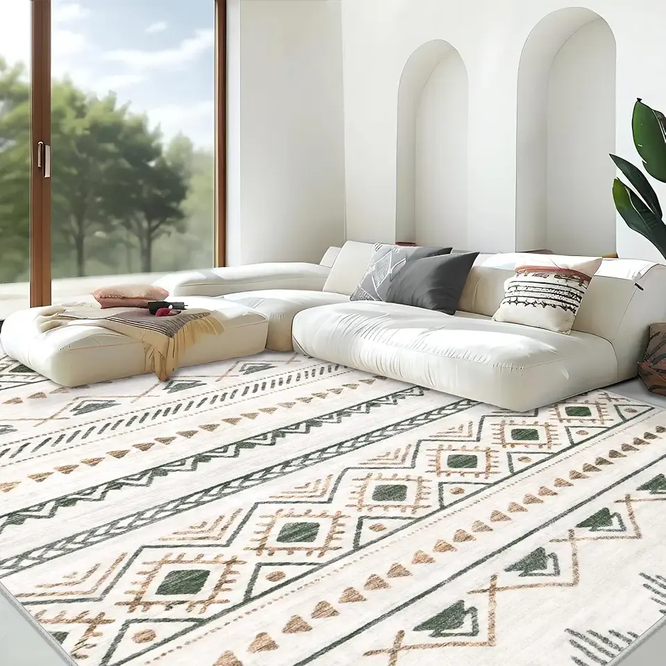 Area Rug Living Room Rugs 8x10 - Large Soft Boho Geometric Rug, Non-Slip Foldable Washable Rugs Non Shedding Morden Indoor Floor Carpet for Living Room Bedroom Office Dining Room(Brown Green,8'x10')