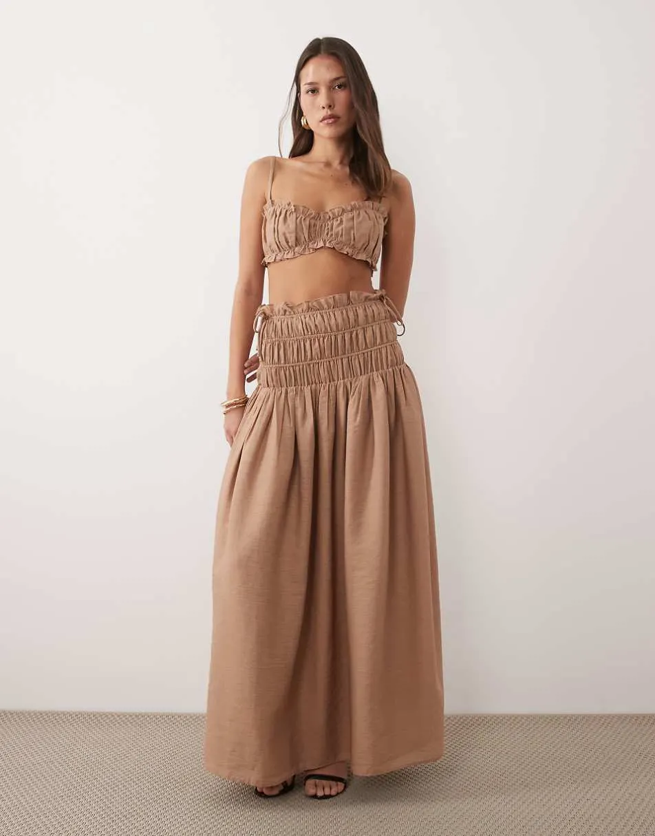Wanderdoll Soulie linen look shirred dropped waist tie detail maxi skirt co-ord in mocha