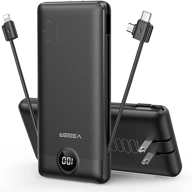 VEGER Portable Charger with Built-in AC Plug and Cables, All in One 10000mAh Ultra Slim Power Bank Travel Essentials, Fast Charging Battery Pack Compatible with iPhone, Samsung, Android (Black)