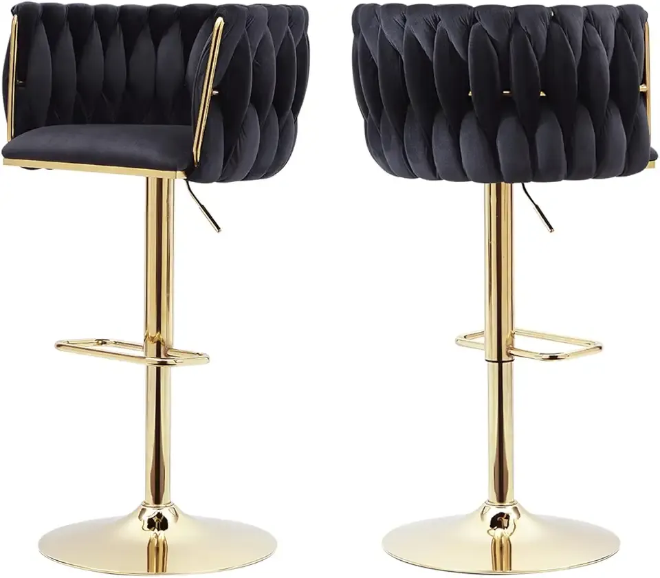 ECHINGLE Black Velvet Bar Stools Set of 2 - Modern Adjustable Swivel Counter Height Chairs with Woven Back, Gold Metal Leg & Base Bar Chair for Kitchen Island, Dining, Cafe, Pub
