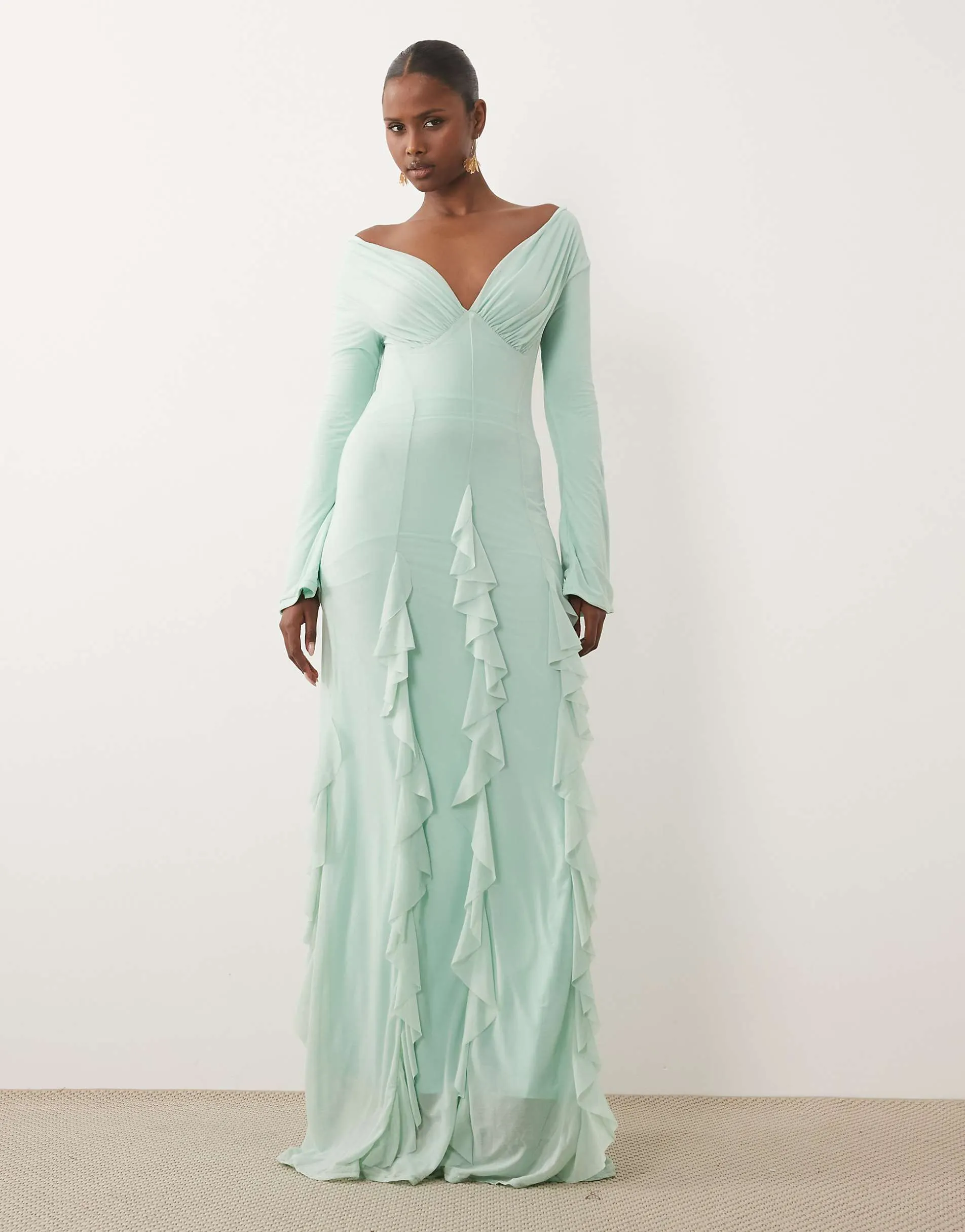 ASOS DESIGN stretch chiffon off shoulder long sleeve maxi dress with godets in blue