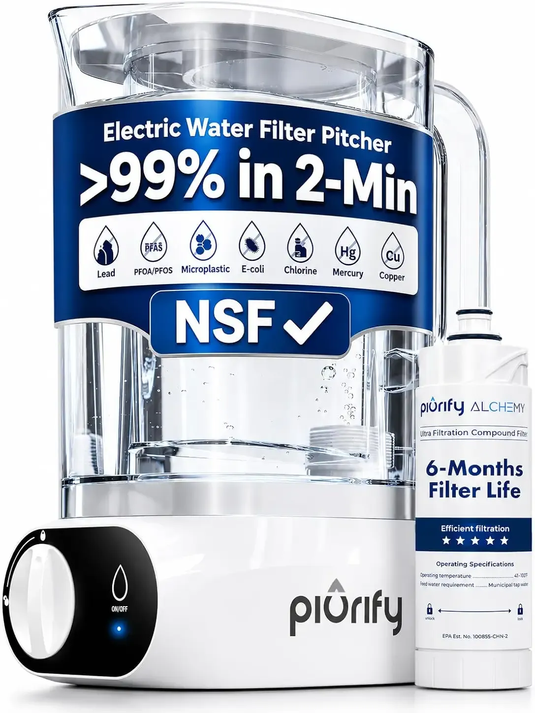 Piurify Compact 50 OZ Countertop Electric Water Filter Pitcher + 6-Month Filter | Removes 99% of Lead, Microplastics, PFAS & Chlorine | Carbon Block & UltraFiltration Technology | NSF Verified
