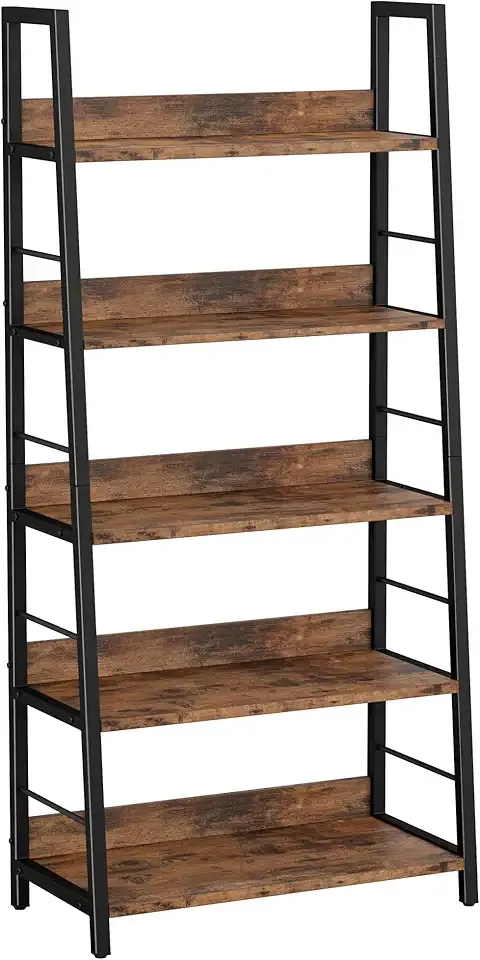 Industrial Bookshelves and Bookcases, Ladder Shelf 5 Tiers with Metal Frame for Living Room, Home Office, Rustics Brown