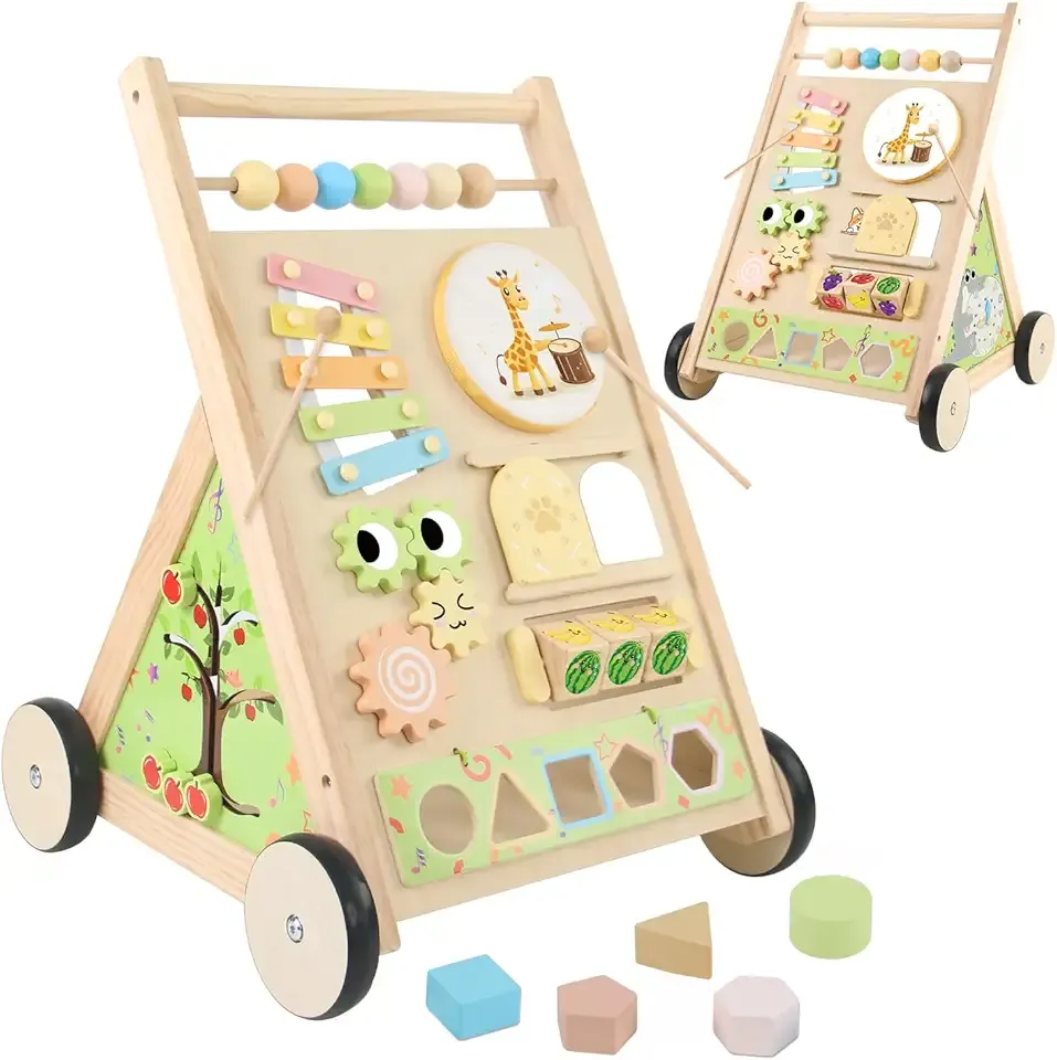 Wooden Baby Walker with Wheels Baby Push Walker for Boys Girls 6-12 Months Wooden Walker Activity Center Walking Toys for 1 Year Old Learning to Walk Sit to Stand Walker for Baby 12-18 Months Push Toy