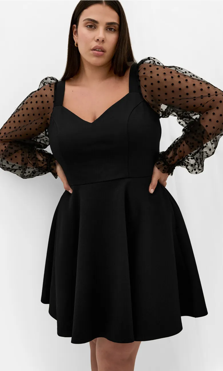 Asher Spot Sleeve Skater Dress - black