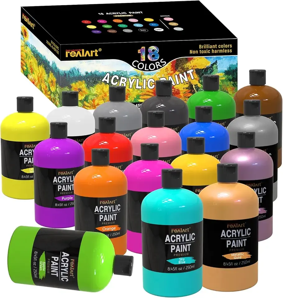 REALART Large Acrylic Paint Set (8.45oz / 250ml) Bulk Acrylic Paint Bulk Art Supplies For Canvas Painting