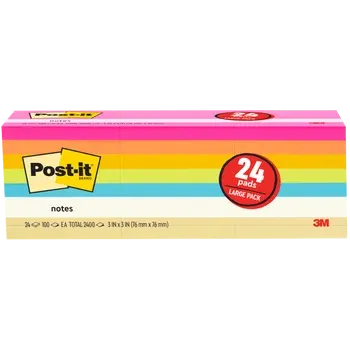 Post-it Notes, 3” x 3”, Assorted Bright Colors, 100 Sheets, 24 Pads