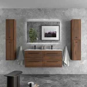 Mueble de Baño RUNA 120cm Nogal 4 cajones Lavabo 2 pozas Porcelana