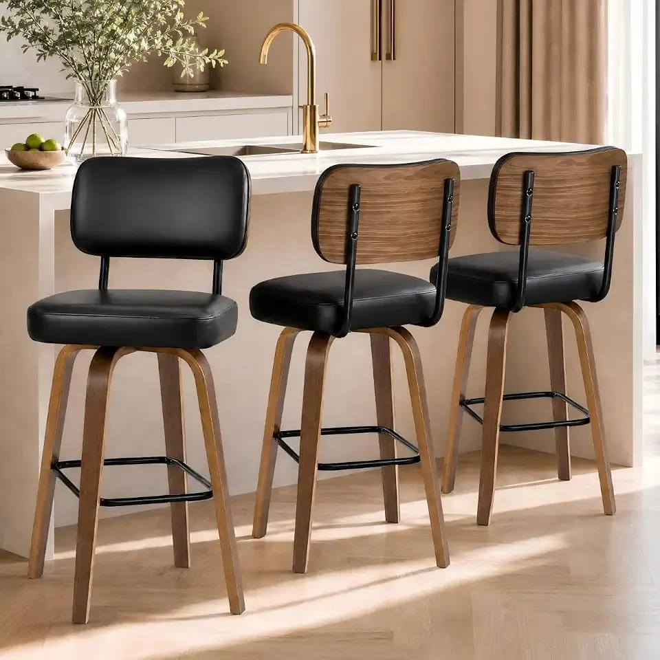 Garvee Counter Height Bar Stools Set of 3, 26" Swivel Bar Stools with Back & Bentwood Legs,Faux Leather Upholstered Counter Stools for Kitchen Counter, Black