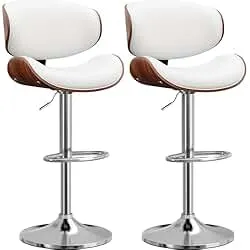YaFiti Bar Stools Set of 2, Bentwood Adjustable Height Swivel Bar Stools, PU Leather Upholstered Bar Chair with Back and Footrest for Bar, Kitchen, Dining Room, White