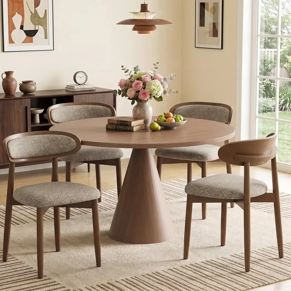 Wooden Dining Chairs set of 4, Farmhouse Dinner Chairs with Curved Back | Fabric Upholstered Kitchen Side Chairs for Dining Room, Vanity, Camel