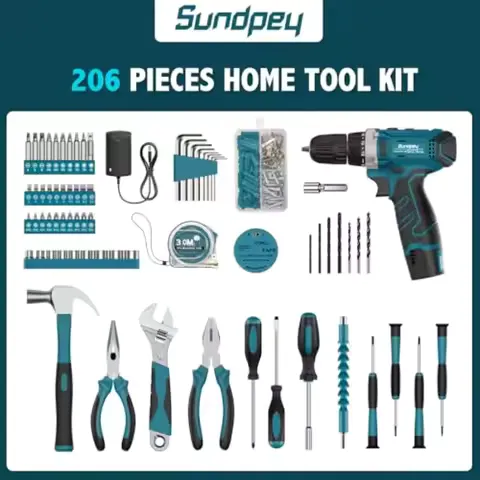 Portable home tool kit for basic DIY tasks, ABS plastic and metal components, blue color, includes 12V cordless drill and 206 p