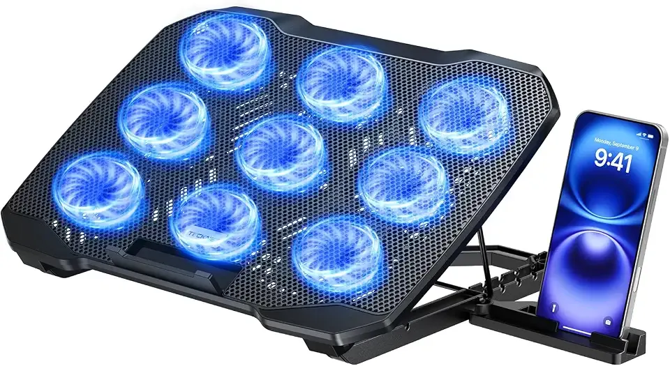 TECKNET Laptop Cooling Pad with Phone Stand, Laptop Cooler for 12-17.3 Inch | Stepless Speed Control to 2600 RPM, 360° All-Around Cooling, Whisper-Quiet Design, 5-Level Heights, Dual USB Ports