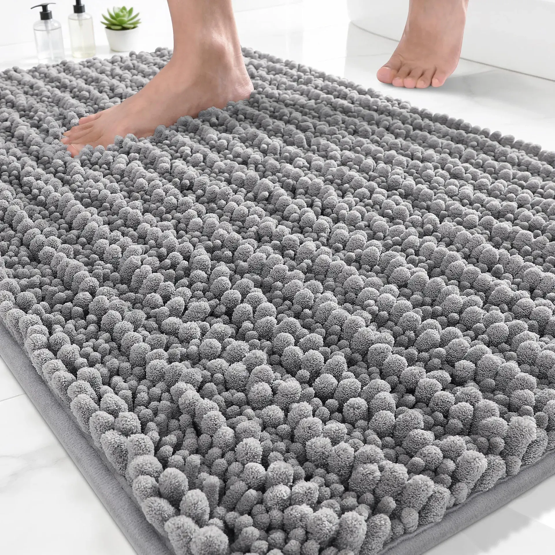 Yimobra Bathroom Rugs Non-Slip Washable – Extra Soft & Absorbent Chenille Bath Mat, Quick-Dry Plush Shaggy Floor & Vanity Bath Rugs for Tub & Shower, Modern Home Decor Accessories, 24 x 17, Grey