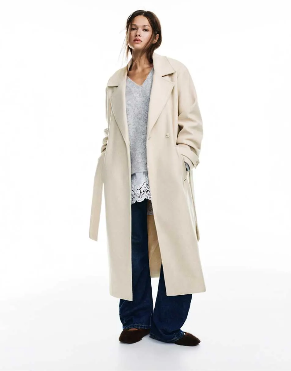 Pull&Bear Long felt texture coat with belt in beige