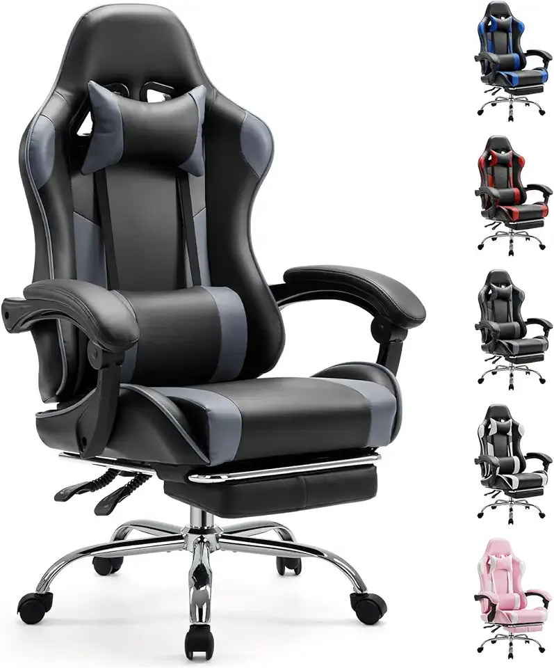 Sweetcrispy Computer Video Game Desk Chair - Ergonomic Comfy Lumbar Support with Footrest, PU Leather Recliner with Headrest, Fixed Up Armrest, Height Adjustable and 360° Swivel, for Adults, Grey