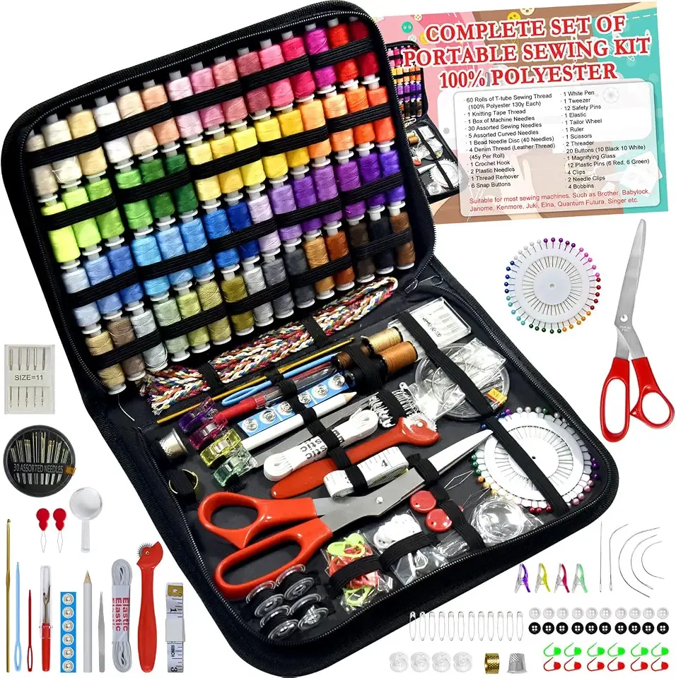 Sewing Kit with Case Portable Sewing Supplies for Home Traveler, Adults, Beginner, Emergency, Contains 60 Sewing Thread, Scissors, Needles, Measure etc