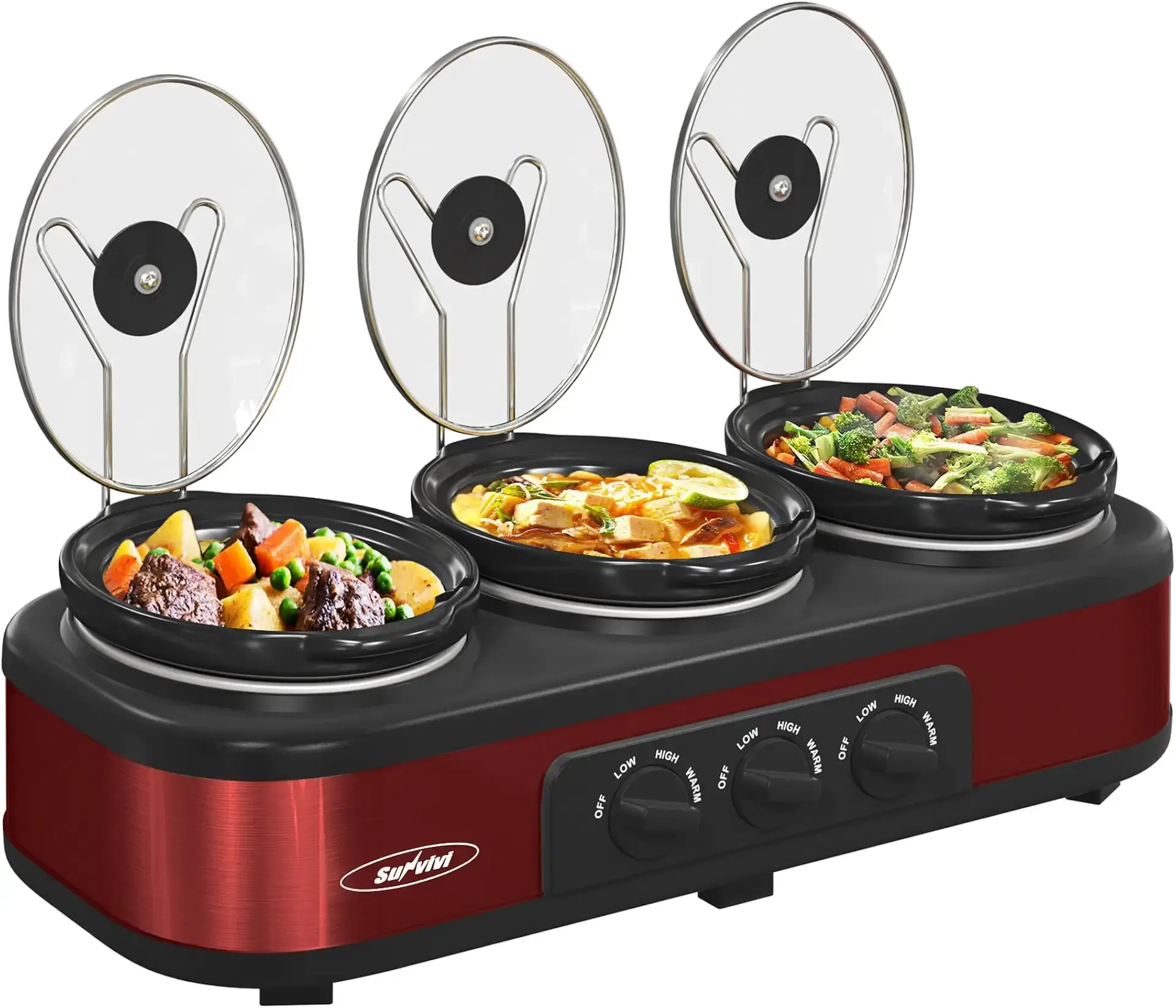 Sunvivi Triple Slow Cooker Buffet Servers and Warmer,3 Pot Food Small Mini Manual Slow Cooker with Adjustable Temp Stainless Steel Lid Rests,Removable Ceramic Pot, 3 * 1.5 Quarts Red