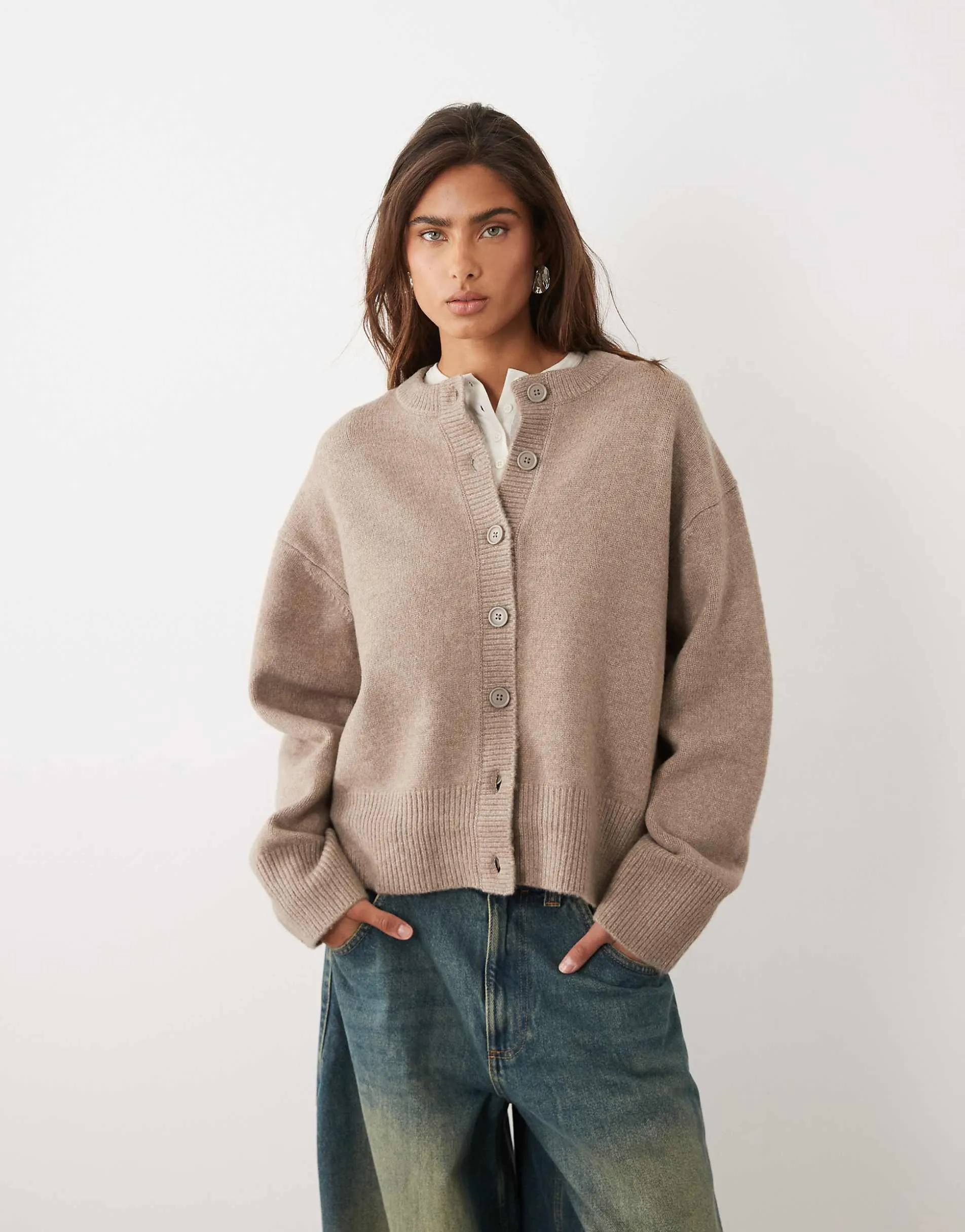 ASOS DESIGN relaxed cardigan with side split detail in taupe