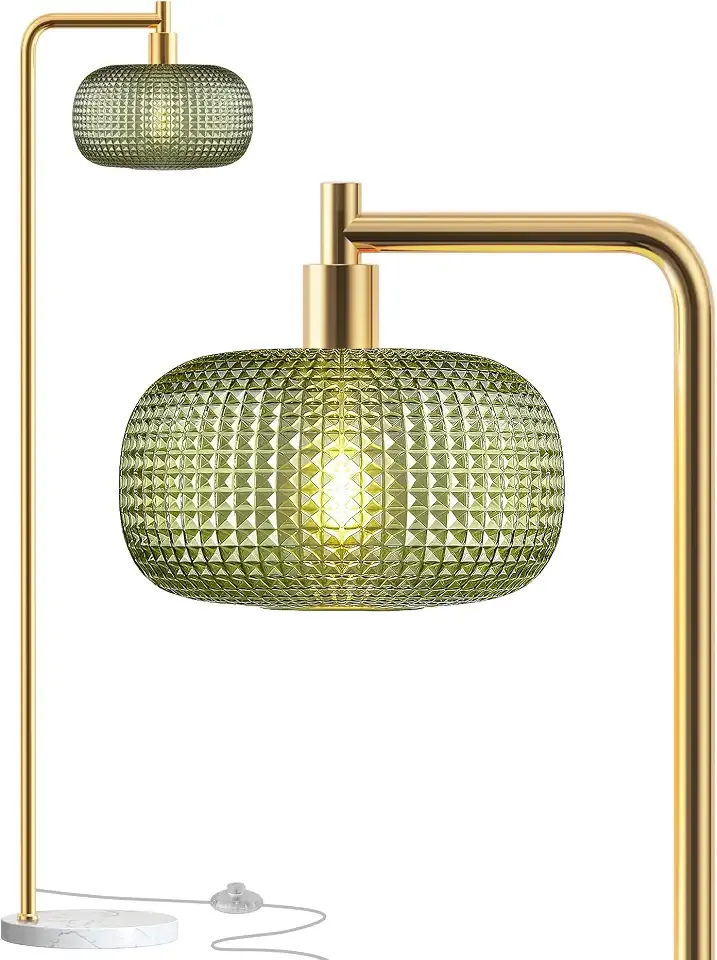 Modern Green Glass Floor Lamp for Living Room, Standing Lamp for Bedroom | 2700K LED Bulb Included, Brushed Gold, 67" Tall Stand up Lamp, Large Diamond Glass Lampshade, Pedal Switch, Marble Base